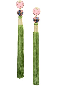 Gold Plated Pink Natural Stone and Green Tasseled Earrings