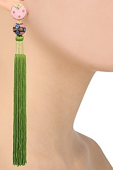 Gold Plated Pink Natural Stone and Green Tasseled Earrings