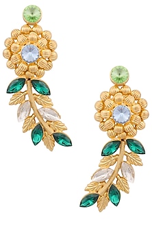 Gold Finish Semi Precious Stone Flower and Leaf Shape Earrings