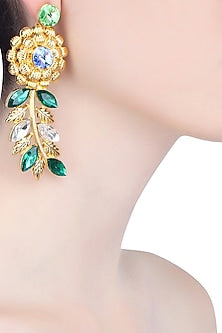 Gold Finish Semi Precious Stone Flower and Leaf Shape Earrings