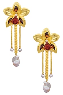 Gold Finish Pearl and Semi Precious Stone Flower Earrings