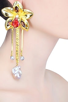 Gold Finish Pearl and Semi Precious Stone Flower Earrings