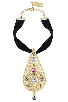 Gold Finish Abstract Pendant Black Velvet Band Choker Necklace