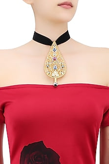 Gold Finish Abstract Pendant Black Velvet Band Choker Necklace
