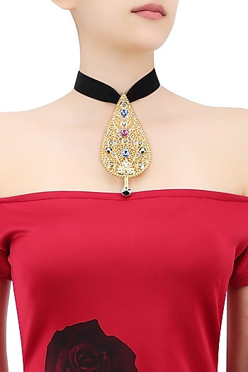 Gold Finish Abstract Pendant Black Velvet Band Choker Necklace