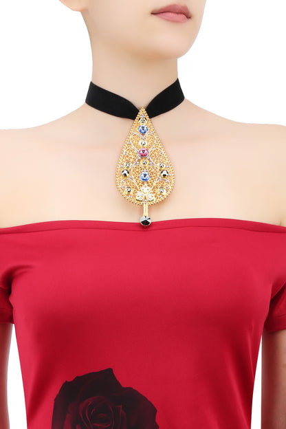 Gold Finish Abstract Pendant Black Velvet Band Choker Necklace