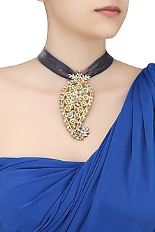 Gold Plated Paisley Pendant Grey Velvet Choker