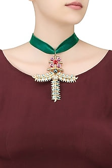 Gold Plated Angel Pendant Green Velvet Choker
