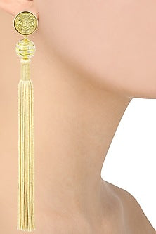 Gold Plated Textured Beige Silk Tassel Earrings