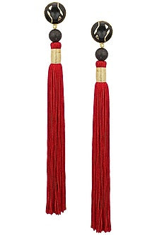 Gold Plated Black Stone and Red Silk Tassel Earrings