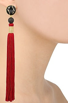 Gold Plated Black Stone and Red Silk Tassel Earrings