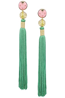 Gold Plated Pink Acrylic Top Ang Green Silk Tassel Earrings