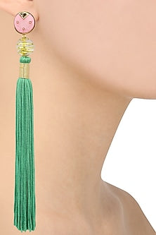 Gold Plated Pink Acrylic Top Ang Green Silk Tassel Earrings