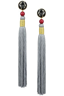 Gold Plated Red Stone and Grey Silk Tassel Earrings