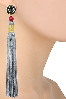 Gold Plated Red Stone and Grey Silk Tassel Earrings