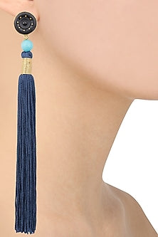 Gold Plated Blue Stone and Navy Silk Tassel Earrings