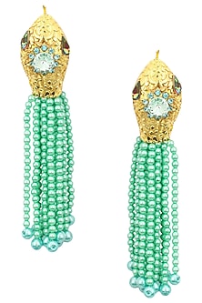 Gold Plated Textured Green Pearl Tassel Earrings