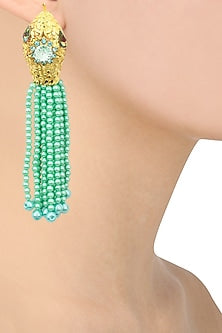 Gold Plated Textured Green Pearl Tassel Earrings