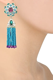 Rhodium Finish Purple Stone and Blue Beads Tassel Earrings
