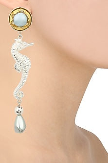 Rhodium Finish Blue Top Sea Horse Earrings