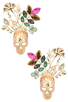 Gold Plated Multicolor Stone Skull Earrings