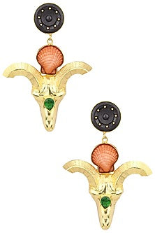 Gold Plated Black Stone Ram Shell Earrings