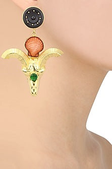 Gold Plated Black Stone Ram Shell Earrings