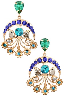 Gold Plated Green and Blue Flower Design Earrings