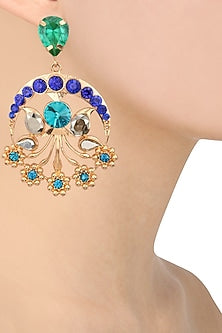 Gold Plated Green and Blue Flower Design Earrings