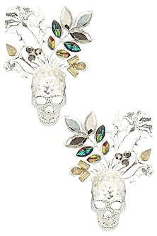 Rhodium Finish Multicolor Stone Skull Earrings