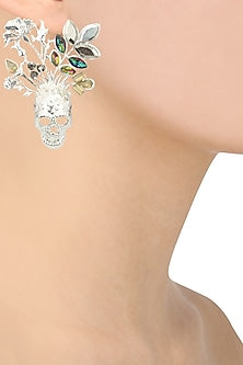 Rhodium Finish Multicolor Stone Skull Earrings