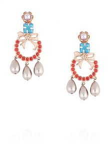 Gold finish pearl and semi precious stone bow earrings