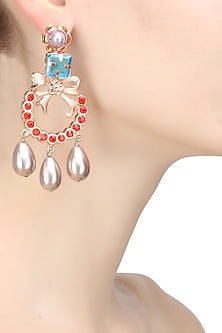 Gold finish pearl and semi precious stone bow earrings