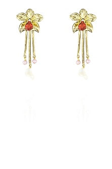 Gold finish semi precious stone fringe flower earrings
