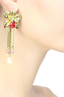 Gold finish semi precious stone fringe flower earrings