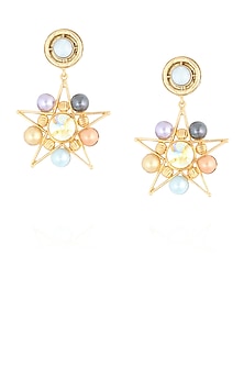 Gold finish multi color pearl star shape earrings