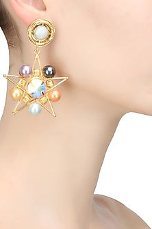 Gold finish multi color pearl star shape earrings