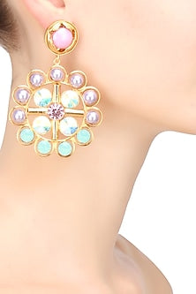Gold finish semi precious stone and lavender pearl round big earrings