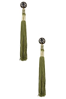Gold Plated Olive Silk Long Tassel Earrings