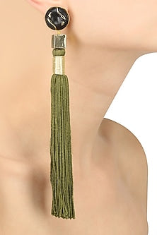 Gold Plated Olive Silk Long Tassel Earrings