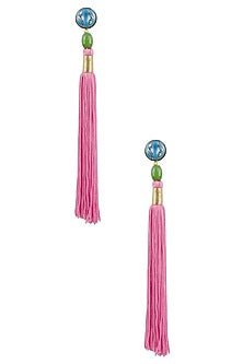 Gold Plated Pink Silk Long Tassel Earrings