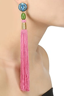 Gold Plated Pink Silk Long Tassel Earrings