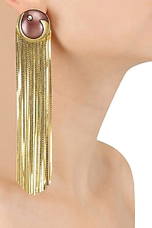 Gold Plated Maroon Stone Metal Long Tassel Earrings