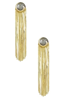 Gold Plated Grey Stone Metal Long Tassel Earrings