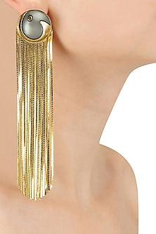 Gold Plated Grey Stone Metal Long Tassel Earrings