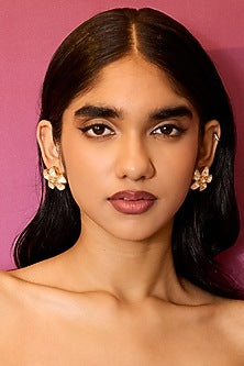 Gold Plated White Kundan Polki Stud Earrings In Sterling Silver