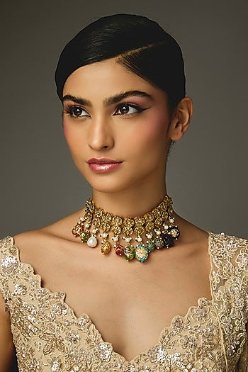 Gold Finish Multi-Colored Stone Choker Necklace