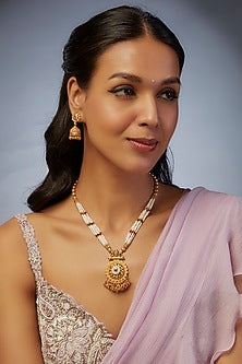 Gold Finish Kundan Polki & Pearl Temple Long Necklace Set