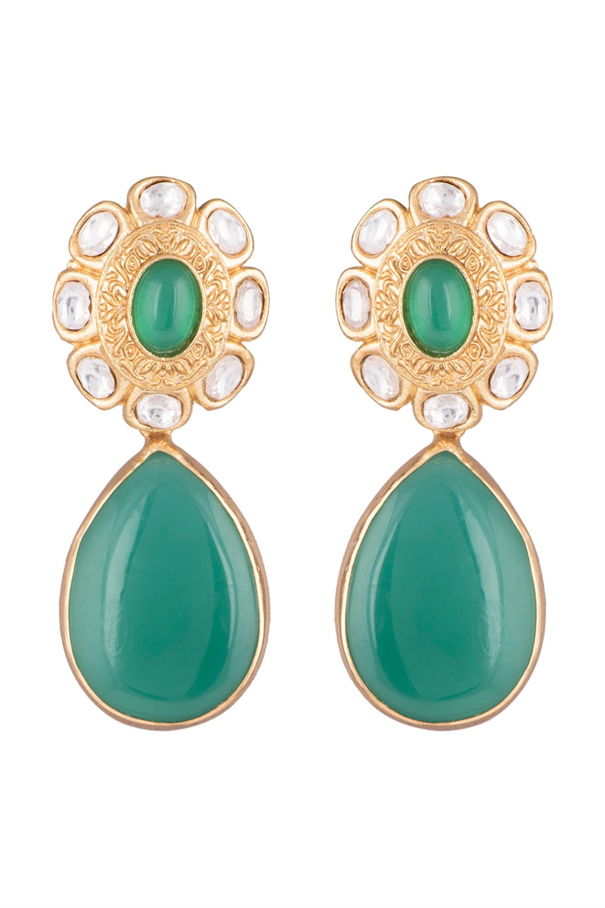 Gold Finish Kundan Polki & Green Stone Earrings