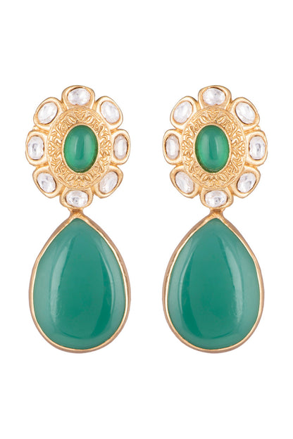 Gold Finish Kundan Polki & Green Stone Earrings